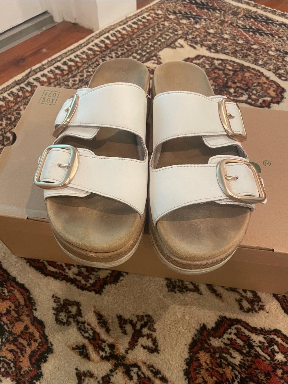 Remonte White Double-Buckle Slide Sandals